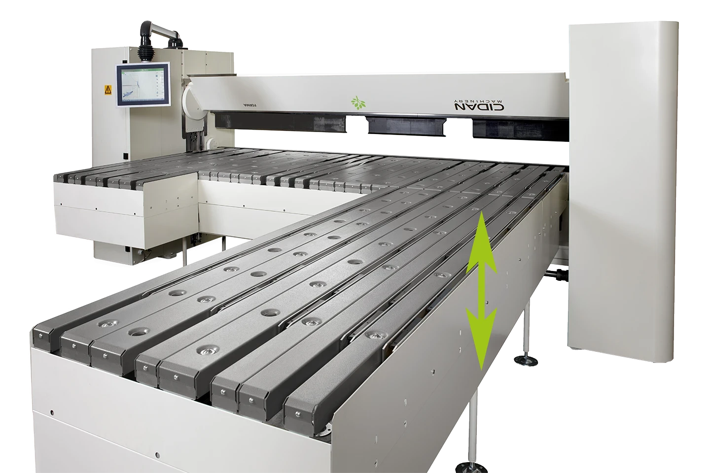 höj och sänkbart anslagsbord med förlängningar till kantvikmaskin forma mot vit bakgrund