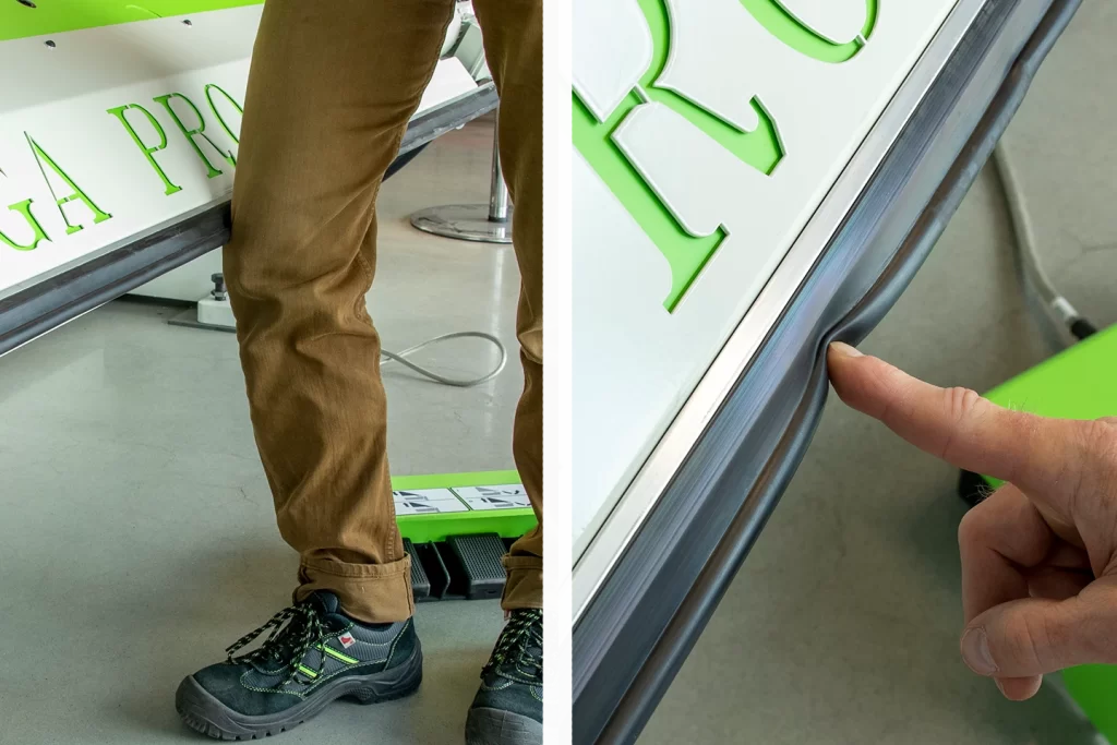 kollisionsskydd ytterst på en böjbalk på en kantvikmaskin